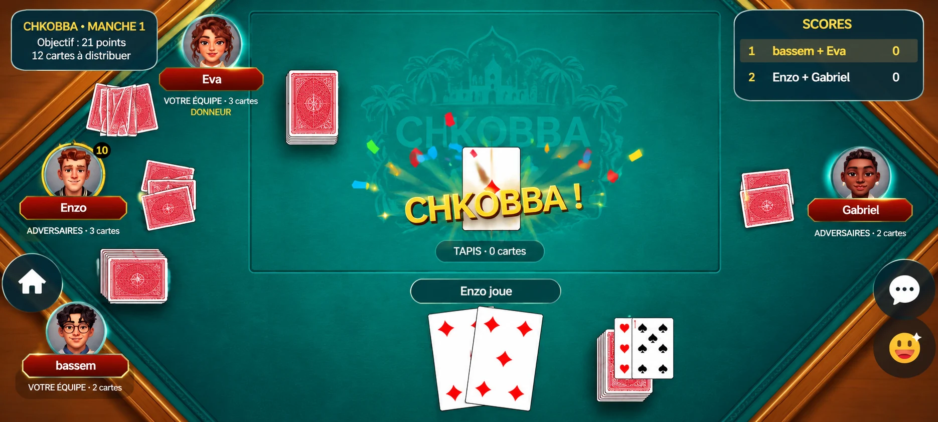 Chkobba four-player team gameplay