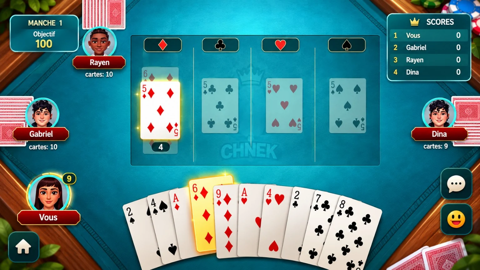 CHNEK gameplay with four suit lanes and cards
