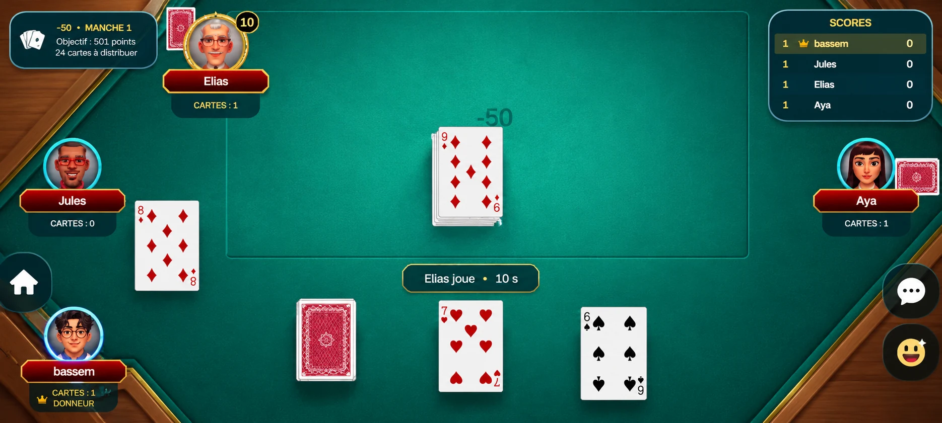 Moins 50 gameplay on green card table
