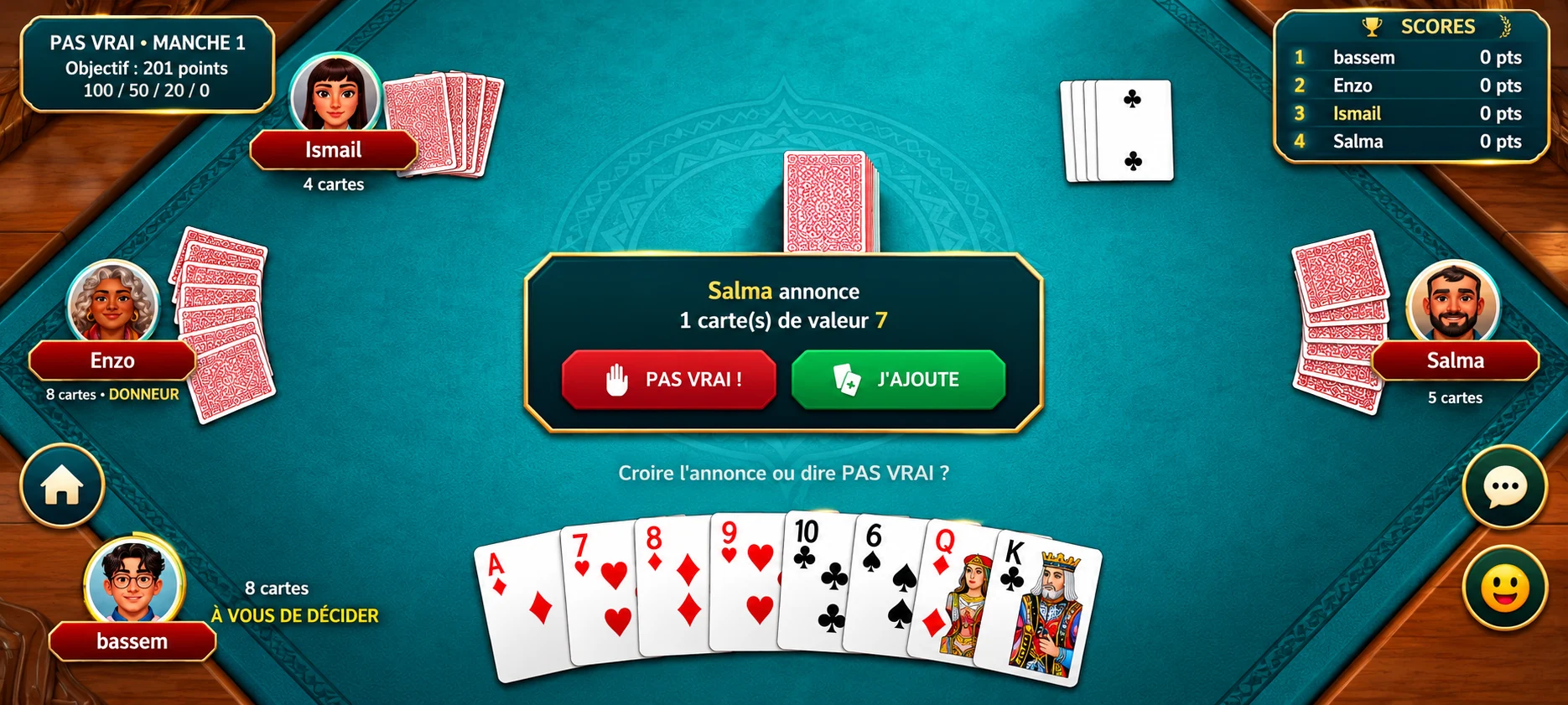 Pas Vrai bluff game with challenge and add buttons